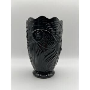 Sarsaparilla Black Glass Vase w Goldfish or Koi Fish 7.5” Vintage #766